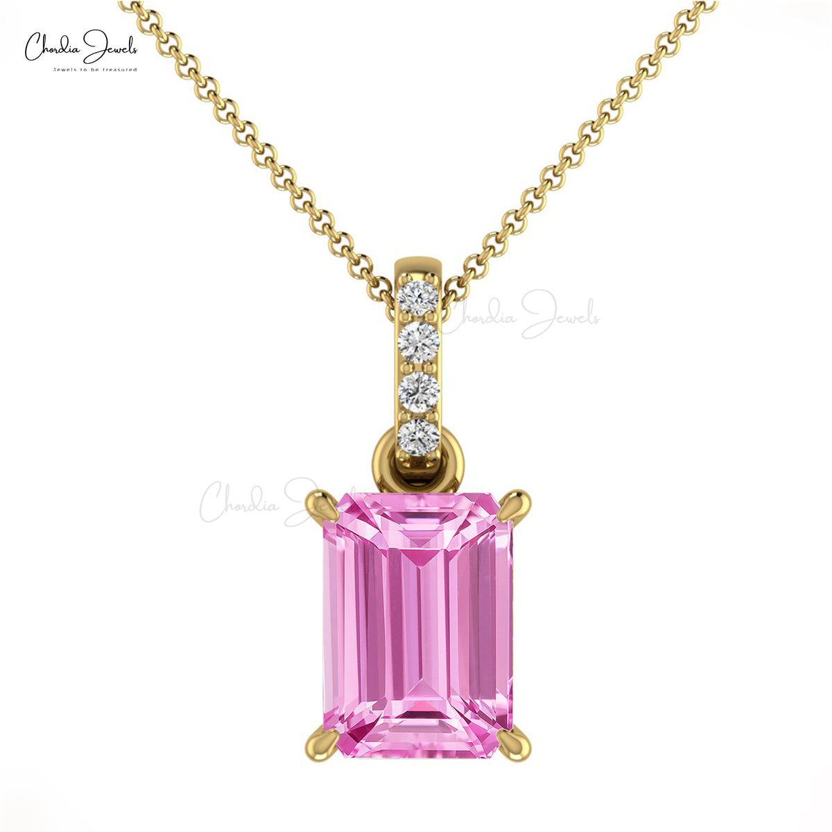 Natural Pink Sapphire Emerald Cut Pendant 14k Solid Gold