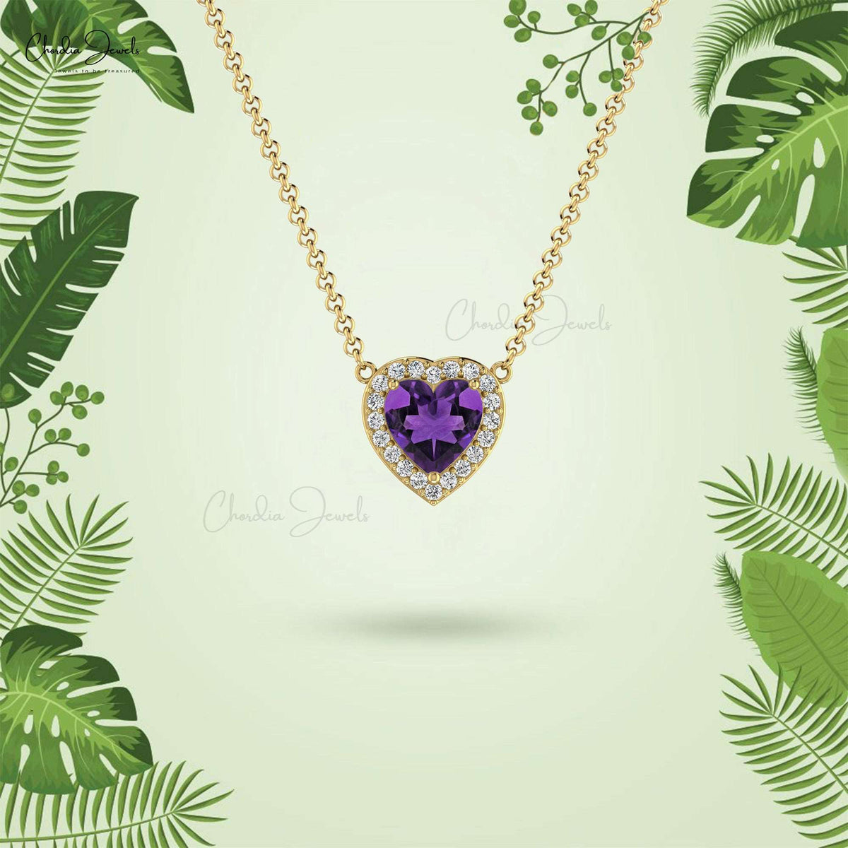 14k Solid Gold Diamond and Amethyst Necklace, February