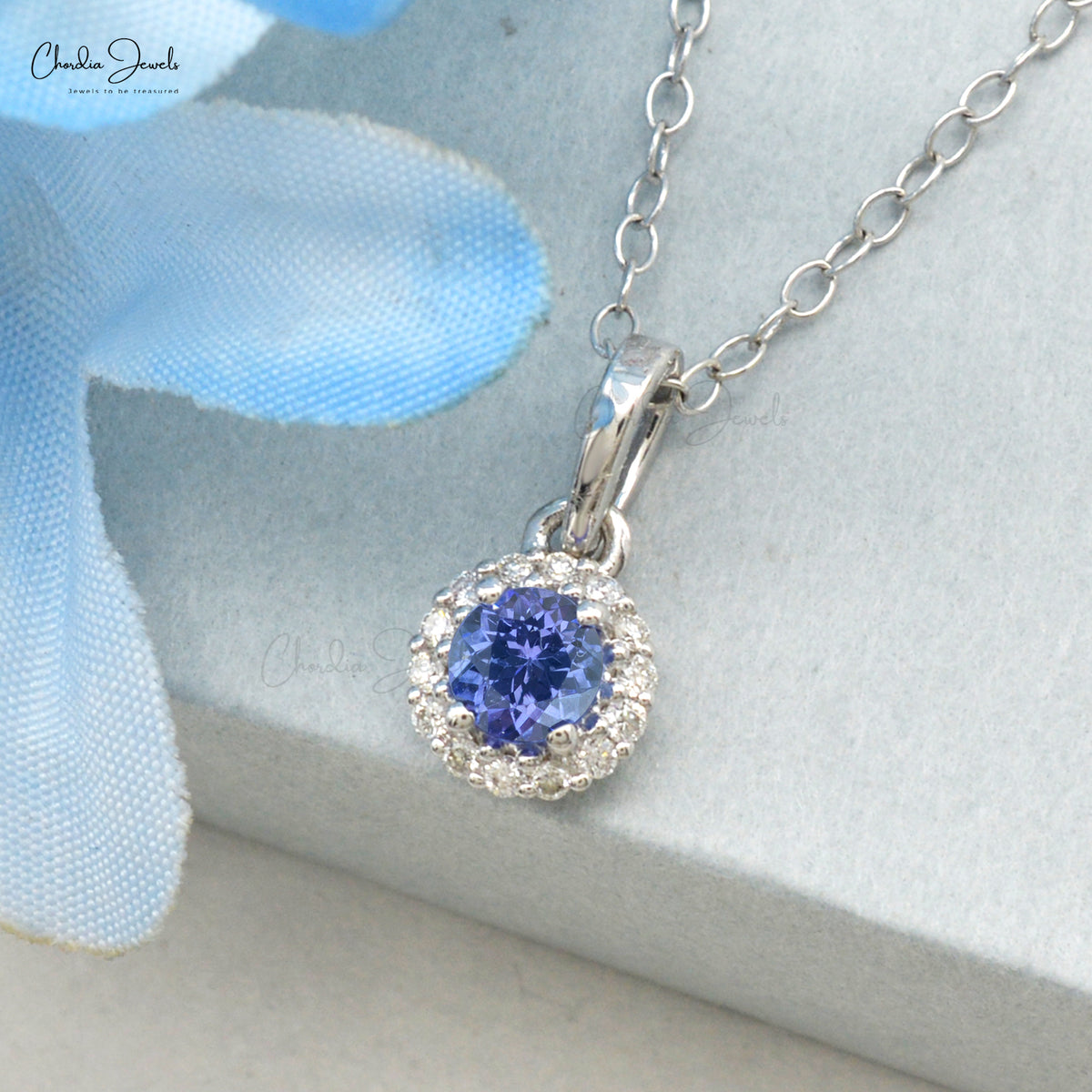 Good Natural Tanzanite Halo Pendant Pendant, 14K Solid Gold Diamond Necklace, 0.27 Carat Gemstone Pendant, December Birthstone Pendant For Wife