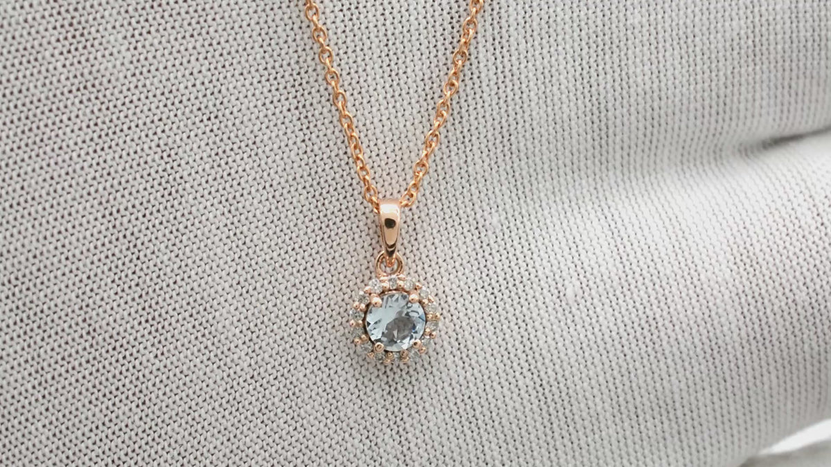 Natural Aquamarine Pendant, 14k Solid Rose Gold Diamond Halo