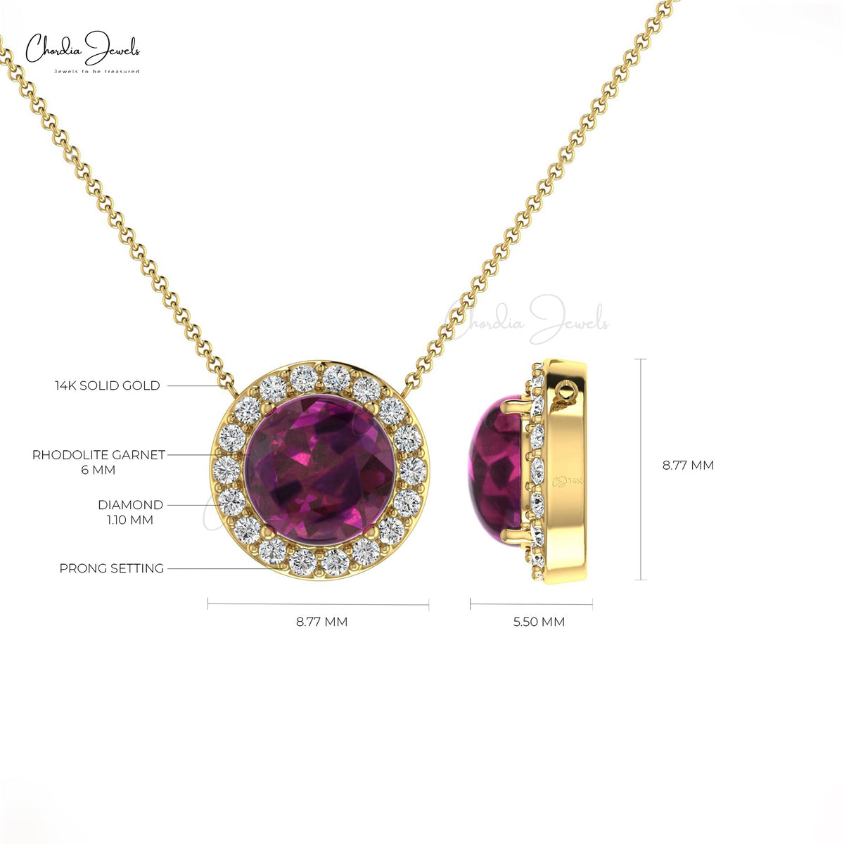 January Birthstone Genuine Round Rhodolite Garnet & Diamond Halo Necklace  in 14K Solid Gold