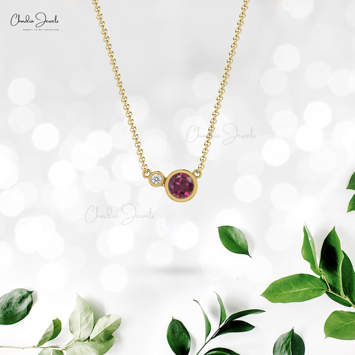 Natural Rhodolite Garnet Necklace, 14k Solid Gold Diamond