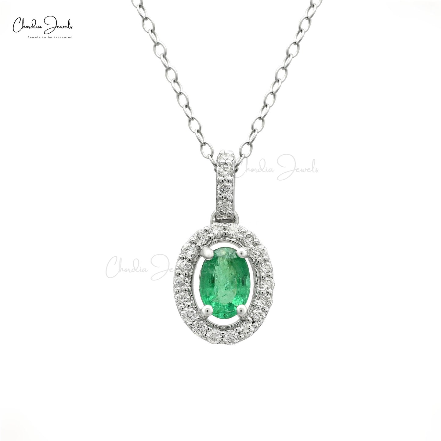 0.72 Ct Oval Zambian Emerald & Diamond Halo Pendant in 14k Real White Gold