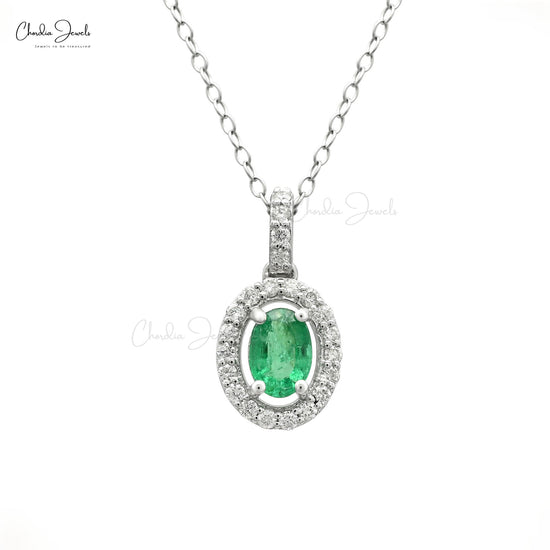 0.72 Ct Oval Zambian Emerald & Diamond Halo Pendant in 14k Real White Gold