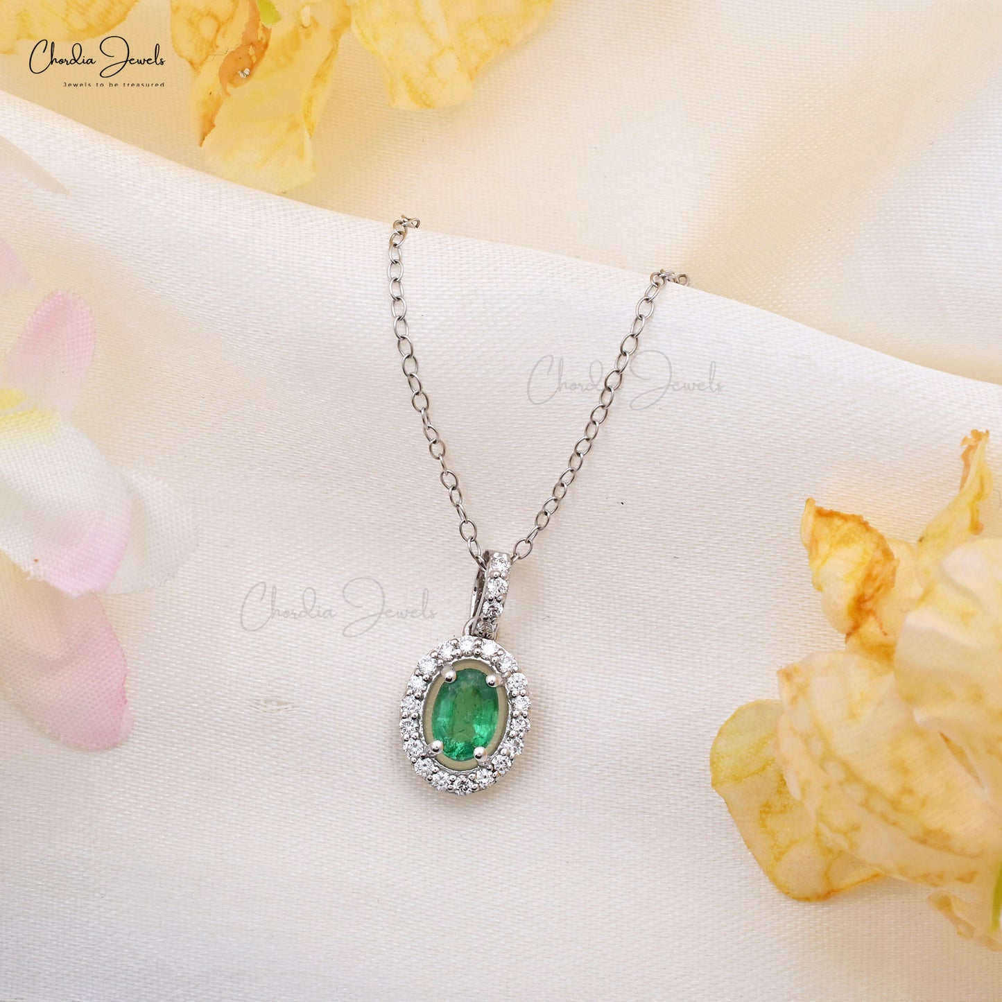 0.72 Ct Oval Zambian Emerald & Diamond Halo Pendant in 14k Real White Gold