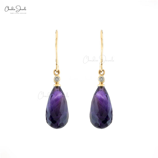 12.05Ct Drop Amethyst & Diamond 14k Solid Yellow Gold Dangle Earrings For Women