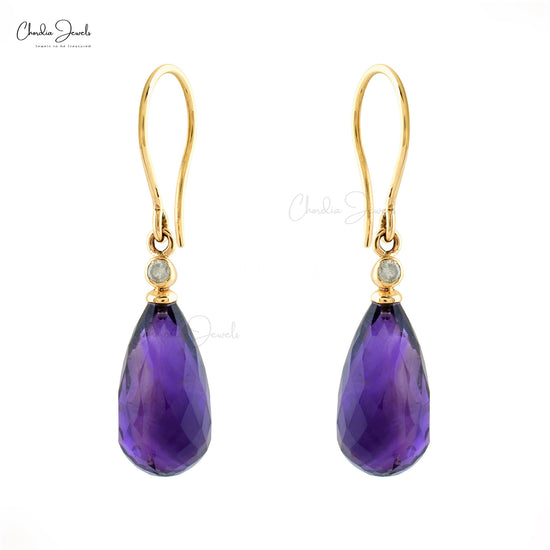 12.05Ct Drop Amethyst & Diamond 14k Solid Yellow Gold Dangle Earrings For Women