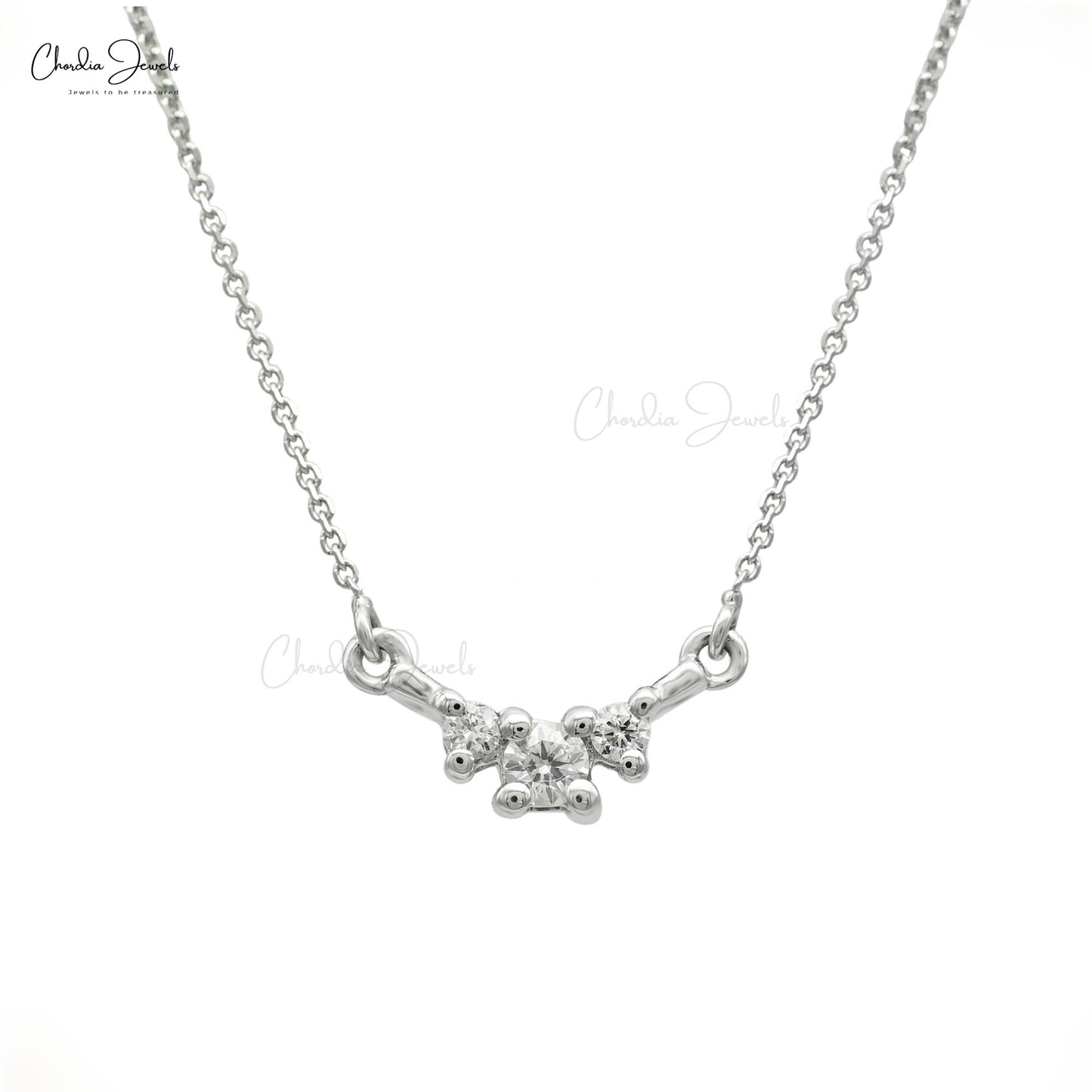 Genuine 0.1 ct White Diamond Three Stone in 14k White Gold Chain Necklace