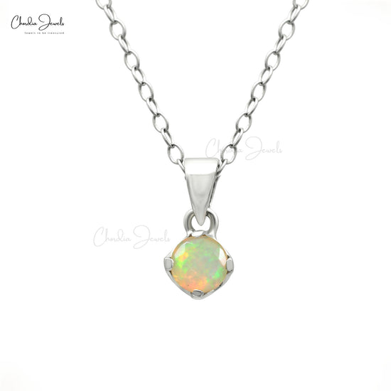 Solitaire 0.13Ct Round Opal Minimalist Pendant in 14k White Gold