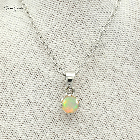 Solitaire 0.13Ct Round Opal Minimalist Pendant in 14k White Gold