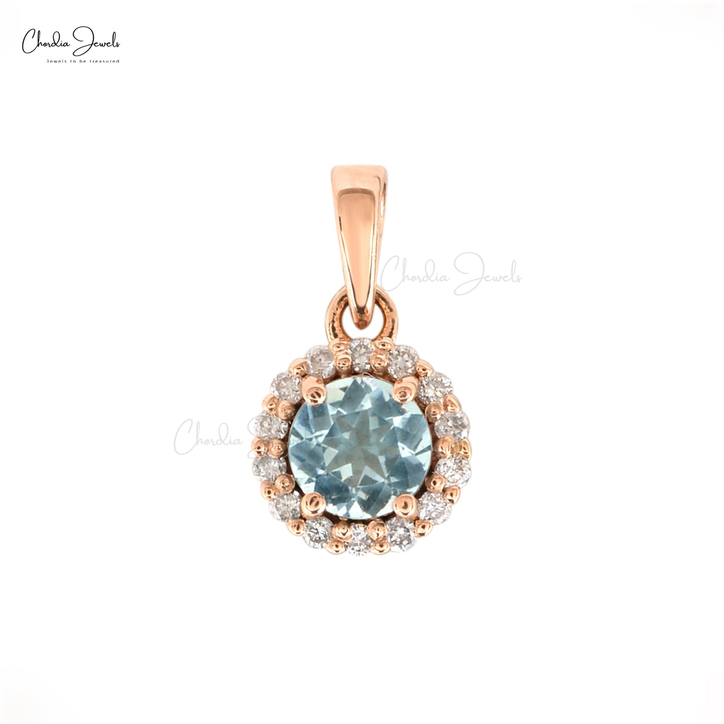 Genuine Aquamarine Halo Pendant With 0.25 Gemstone And Diamond 14k Rose Gold Pendant