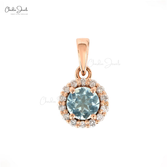 Genuine Aquamarine Halo Pendant With 0.25 Gemstone And Diamond 14k Rose Gold Pendant