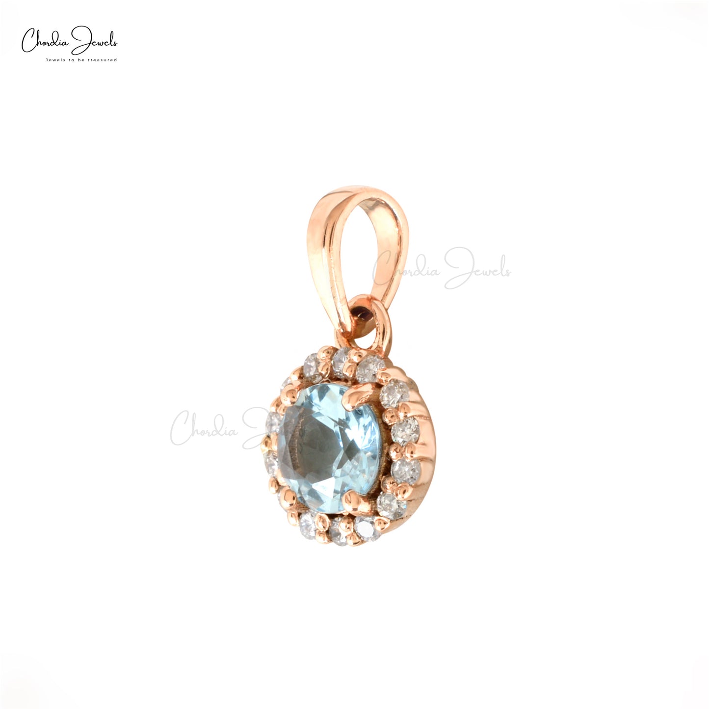 Genuine Aquamarine Halo Pendant With 0.25 Gemstone And Diamond 14k Rose Gold Pendant