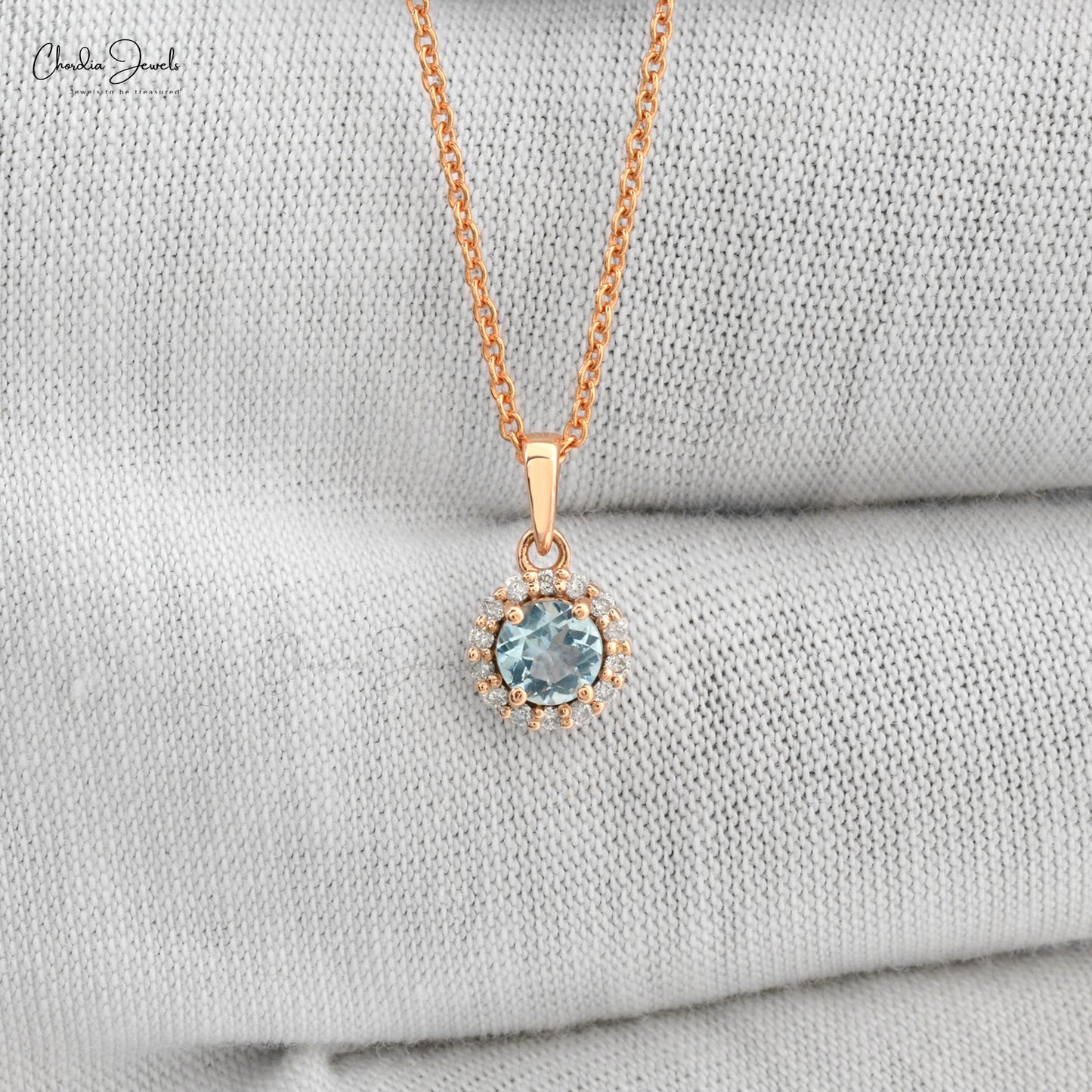 Genuine Aquamarine Halo Pendant With 0.25 Gemstone And Diamond 14k Rose Gold Pendant