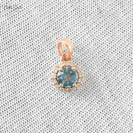 Genuine Aquamarine Halo Pendant With 0.25 Gemstone And Diamond 14k Rose Gold Pendant