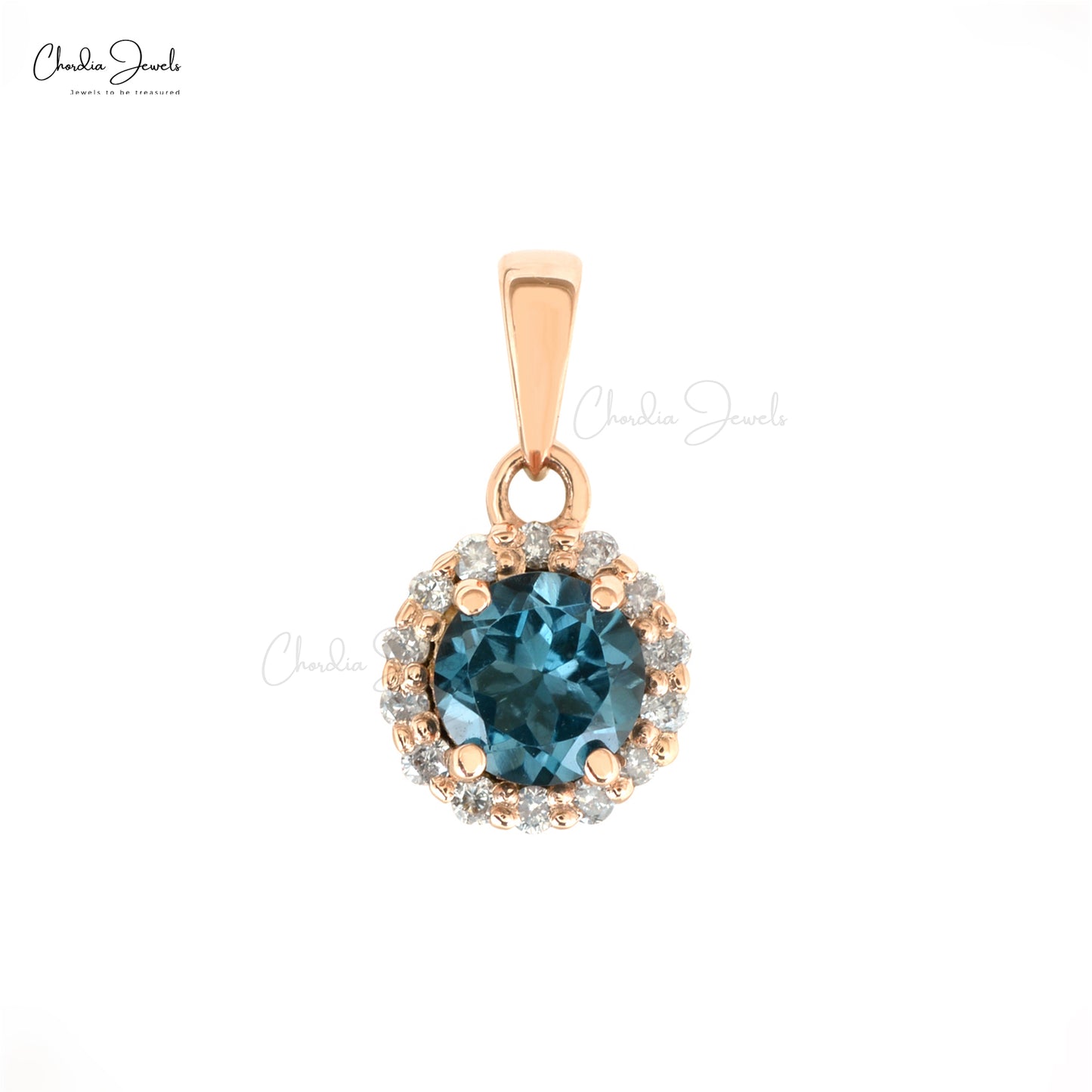 0.32 Cts London Blue Topaz & Diamond Pendant 14k Rose Gold Gemstone Pendant For Her