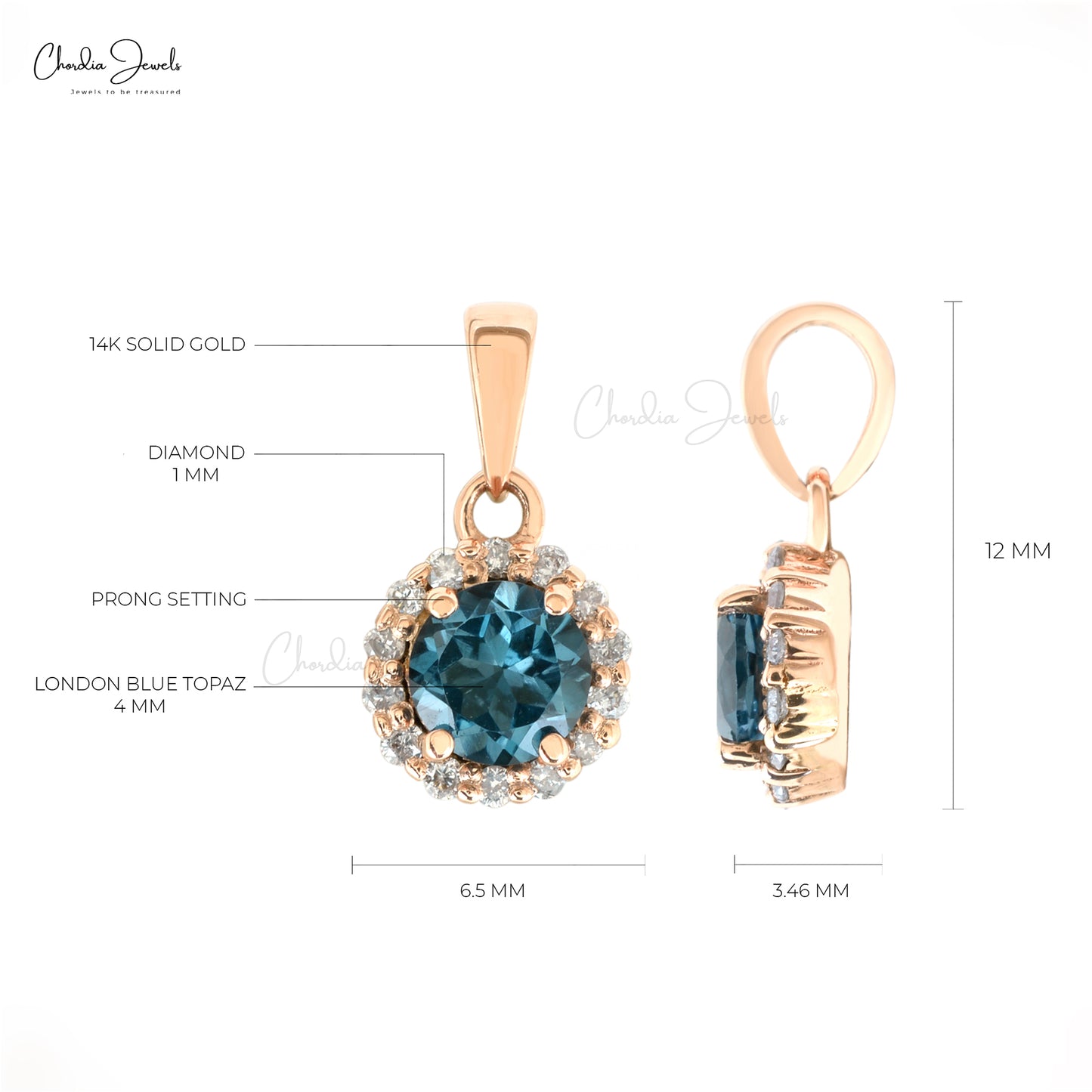 0.32 Cts London Blue Topaz & Diamond Pendant 14k Rose Gold Gemstone Pendant For Her