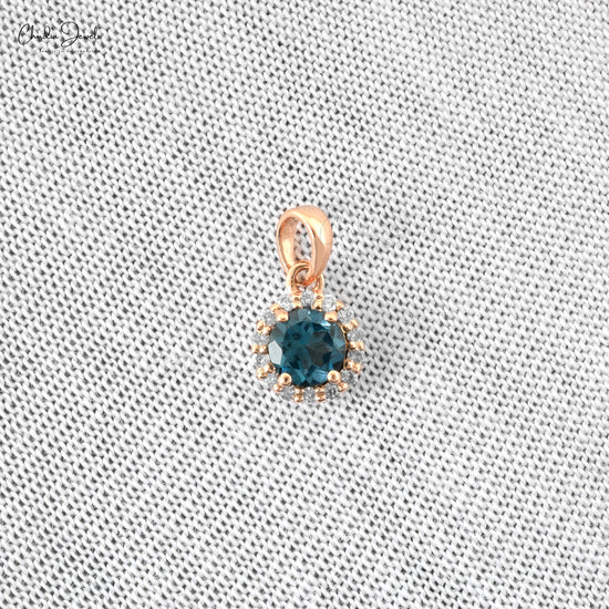 0.32 Cts London Blue Topaz & Diamond Pendant 14k Rose Gold Gemstone Pendant For Her