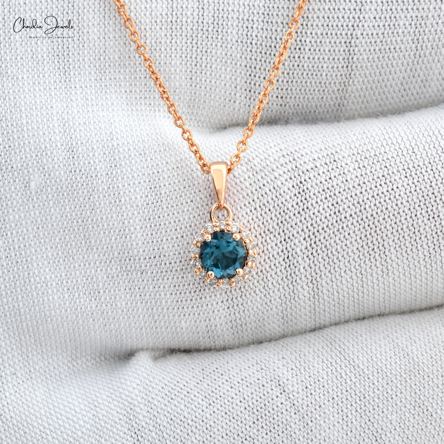 0.32 Cts London Blue Topaz & Diamond Pendant 14k Rose Gold Gemstone Pendant For Her