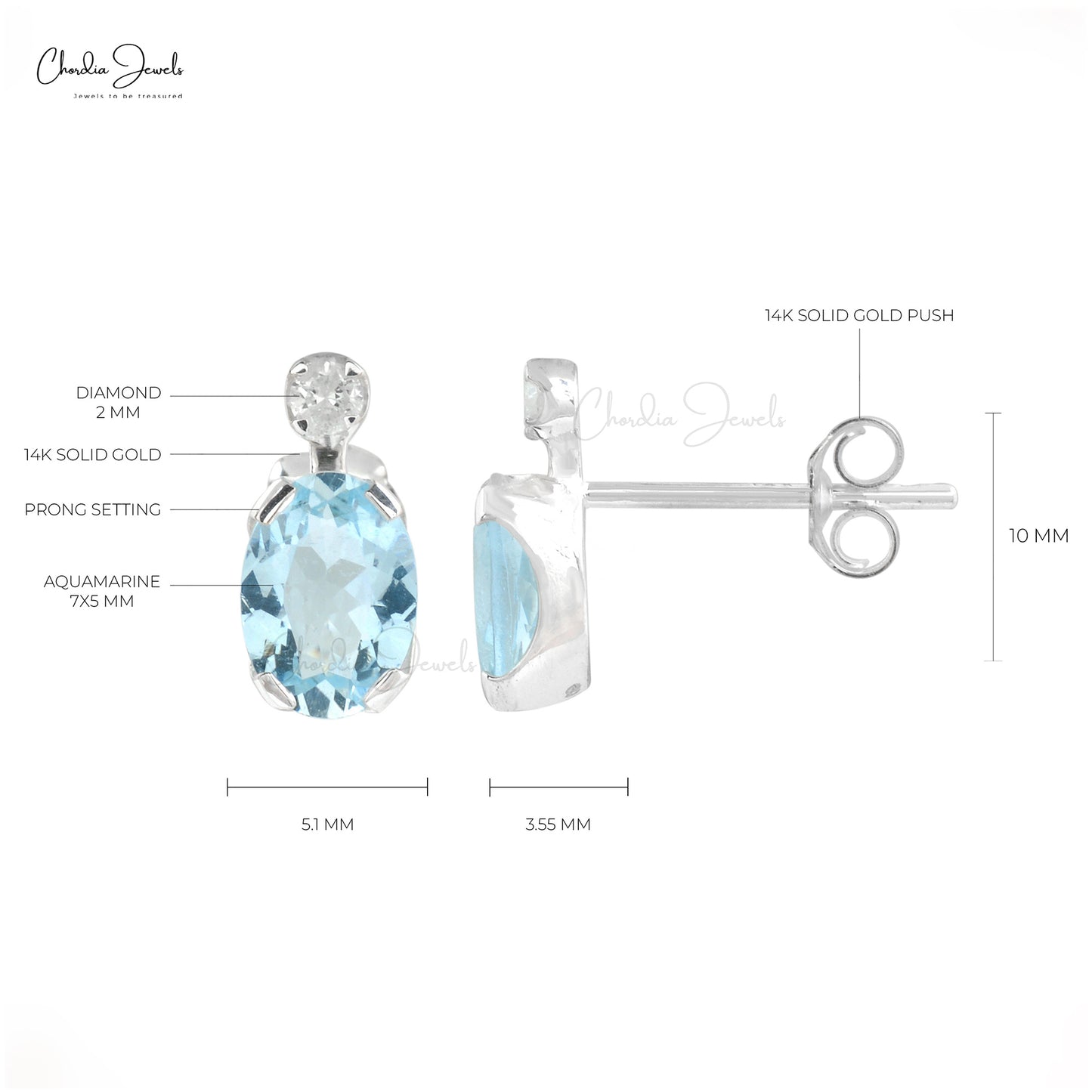 March Birthstone Natural Aquamarine Earrings 7x5mm Oval Cut Gemstone Earrings 14k Solid White Gold Diamond Earrings For Women's