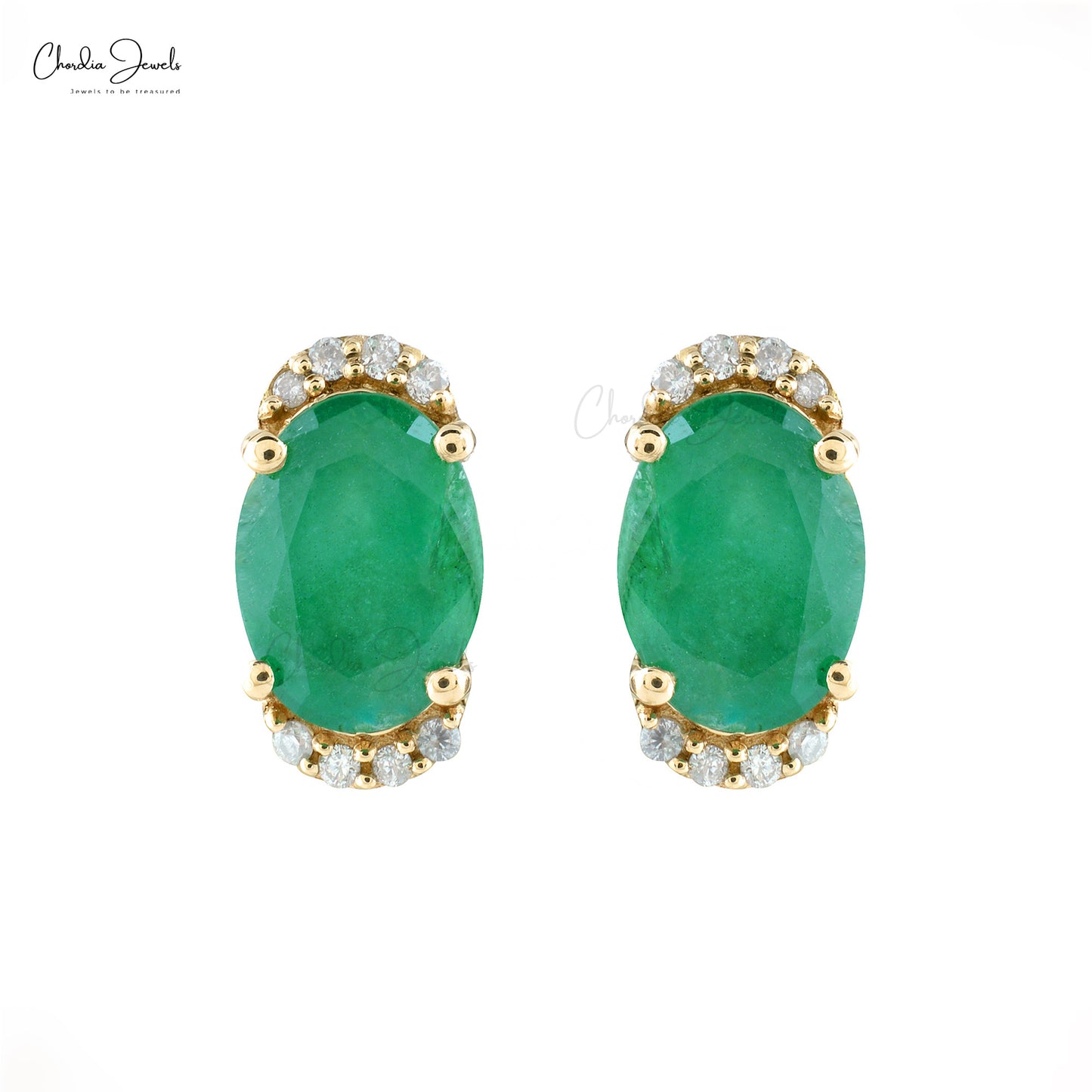 Half Halo Diamond Studs In Real 14k Yellow Gold With 1.44 Ct Emerald Hallmark Earrings