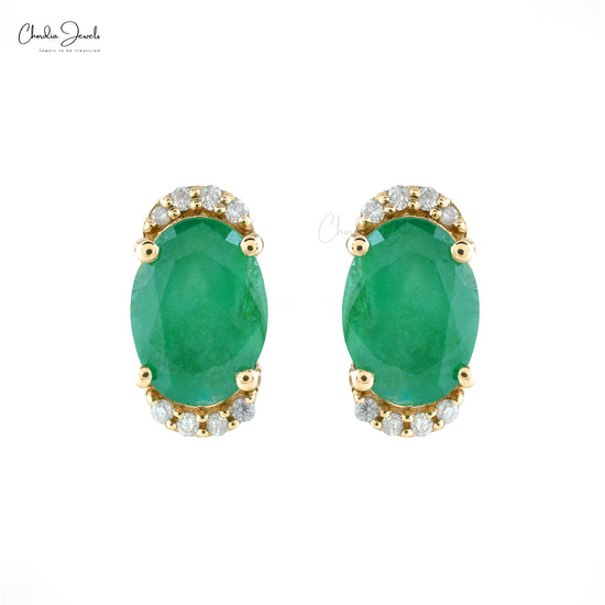 Half Halo Diamond Studs In Real 14k Yellow Gold With 1.44 Ct Emerald Hallmark Earrings