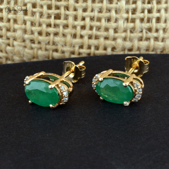 Half Halo Diamond Studs In Real 14k Yellow Gold With 1.44 Ct Emerald Hallmark Earrings