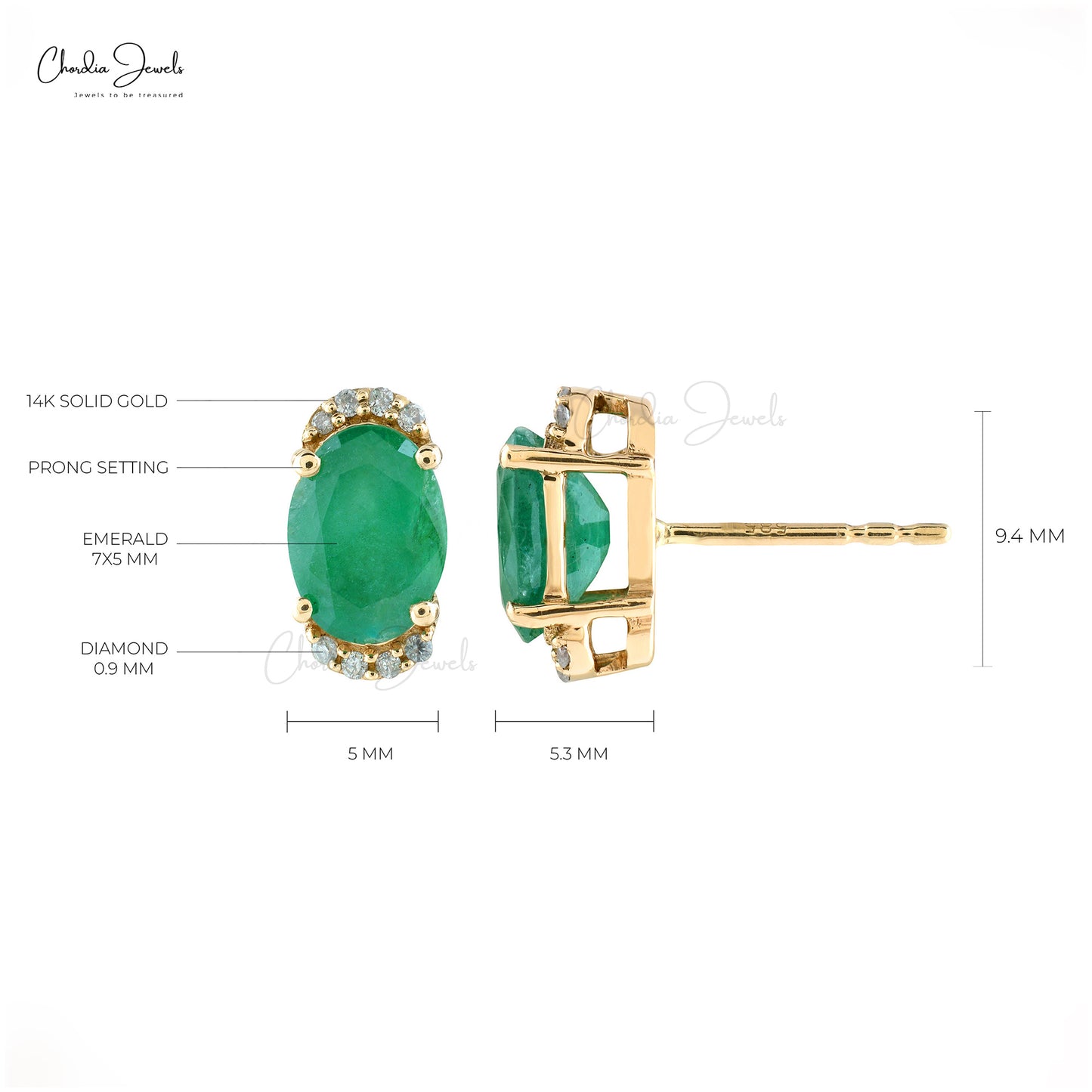 Half Halo Diamond Studs In Real 14k Yellow Gold With 1.44 Ct Emerald Hallmark Earrings