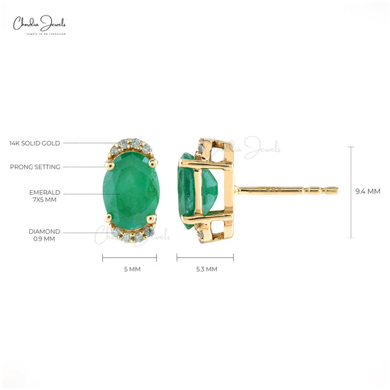 Half Halo Diamond Studs In Real 14k Yellow Gold With 1.44 Ct Emerald Hallmark Earrings