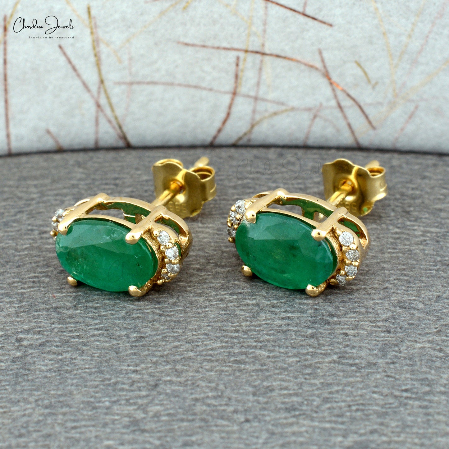 Half Halo Diamond Studs In Real 14k Yellow Gold With 1.44 Ct Emerald Hallmark Earrings