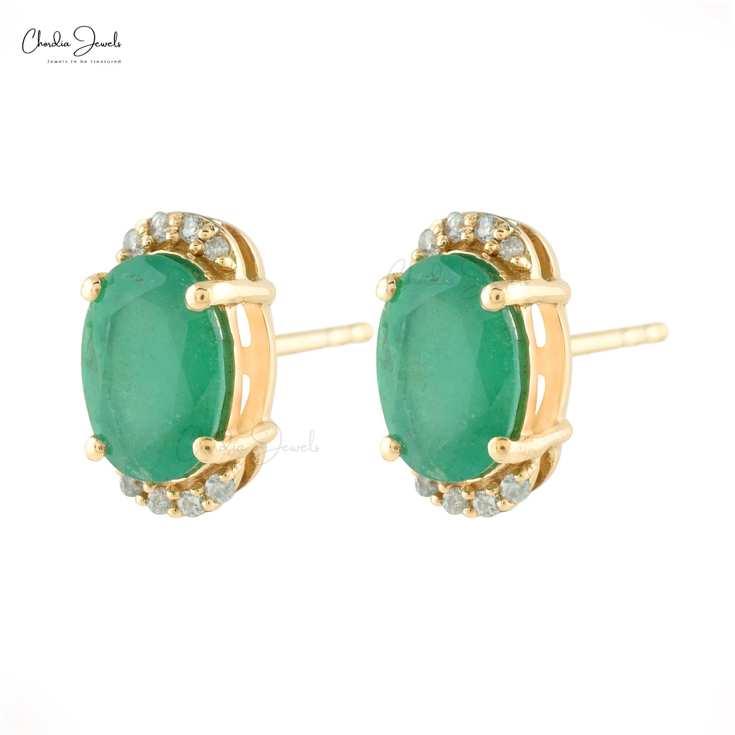 Half Halo Diamond Studs In Real 14k Yellow Gold With 1.44 Ct Emerald Hallmark Earrings