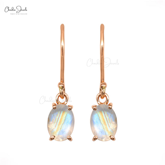 Solid 14k Rose Gold Natural Rainbow Moonstone Solitaire Earrings For Wife