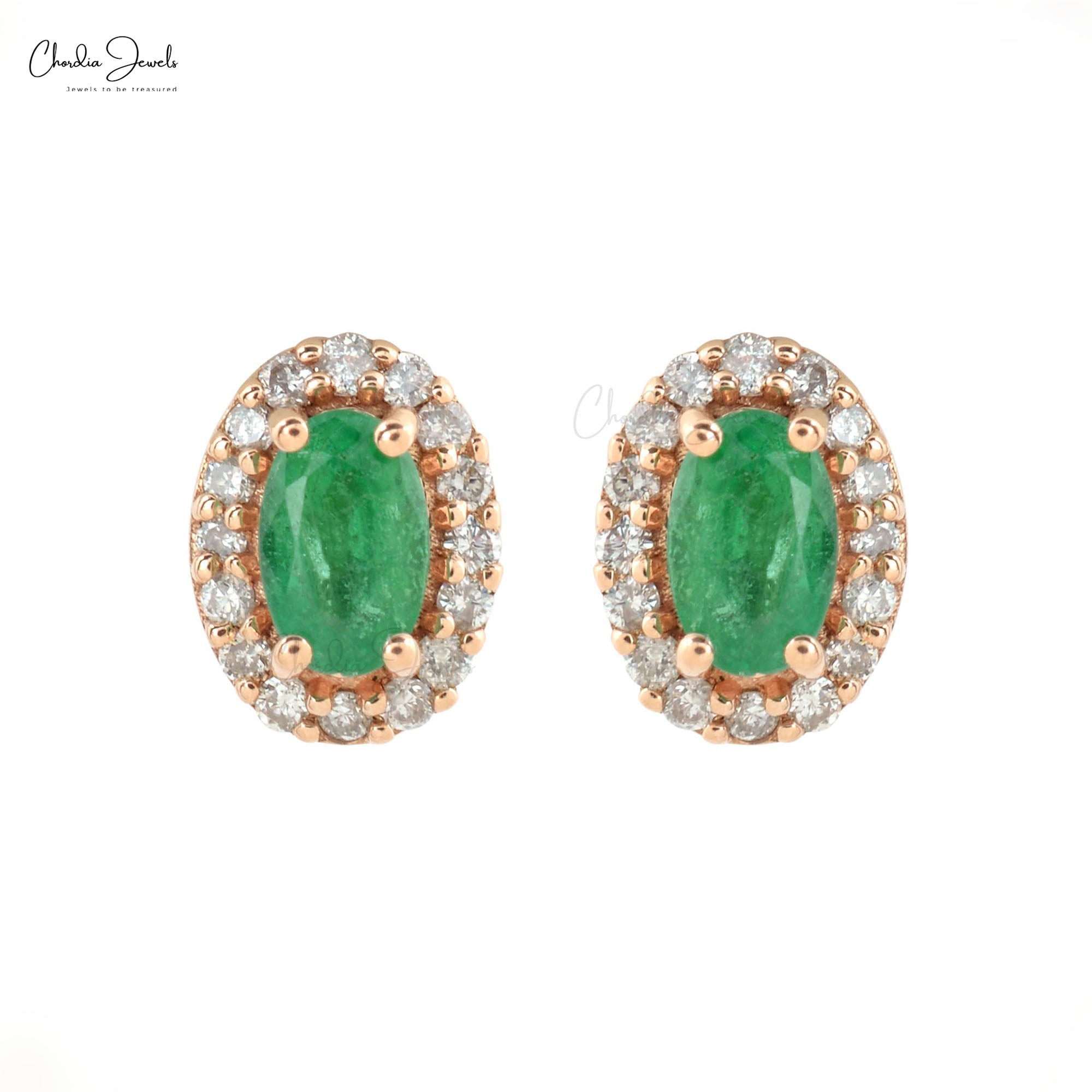 Emerald Dangle Earrings with Floral Diamond Halo in 14K Rose Gold