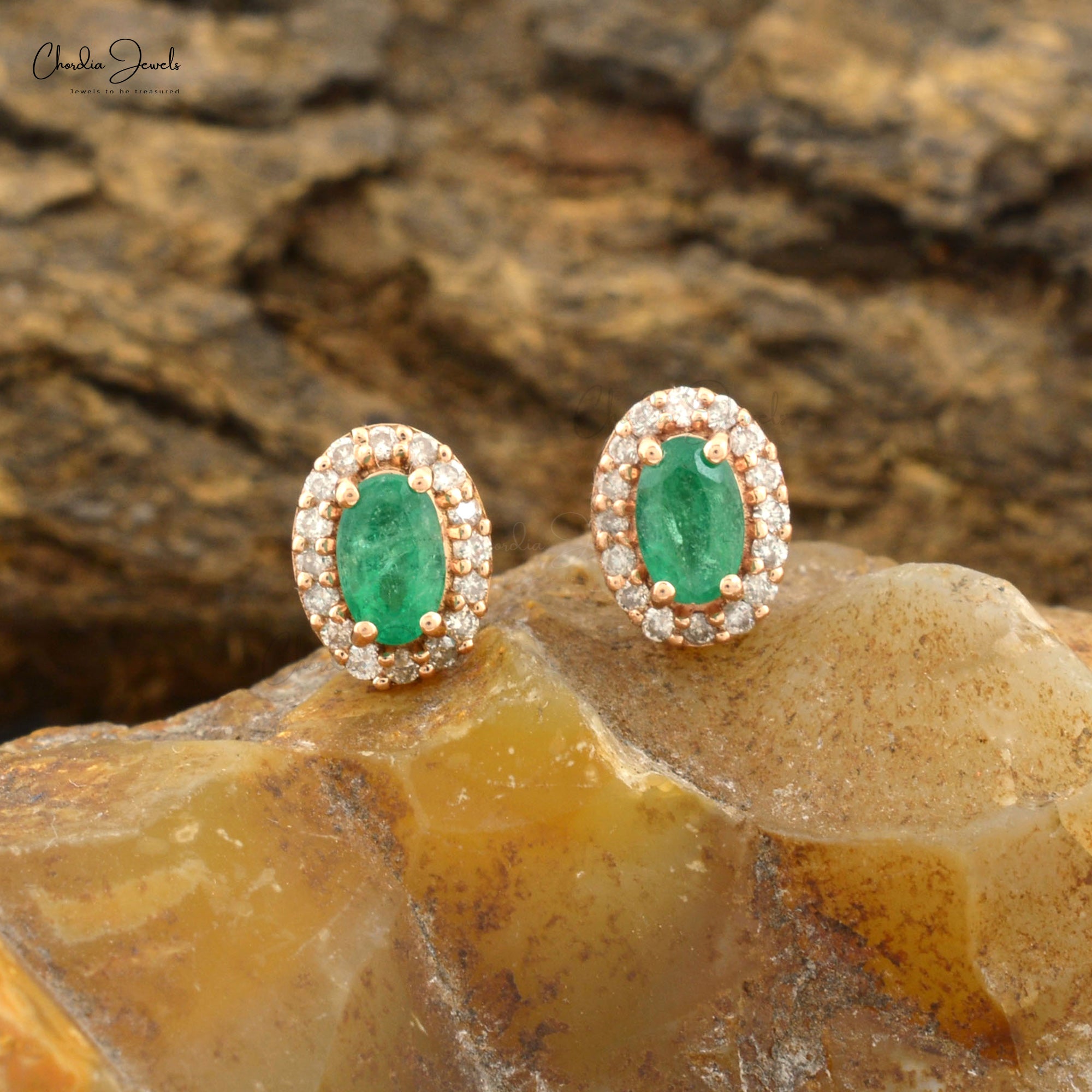 Green Emerald 0.42 Carats Oval Cut Halo Earrings Genuine 14k Solid Rose  Gold White Diamond Earrings For Anniversary Gift