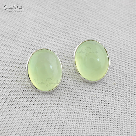 Genuine Prehnite Earrings 1.63 Carats Oval Cabochon Dainty Earrings 14k Solid White Gold Earrings For Wedding Gift