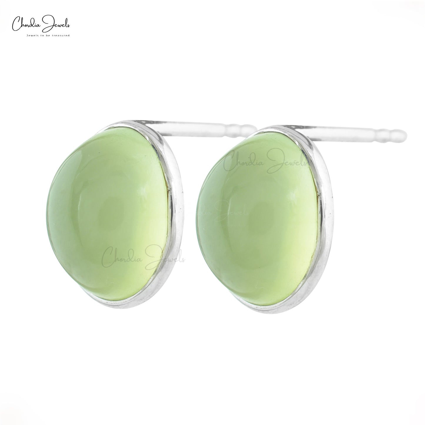 Genuine Prehnite Earrings 1.63 Carats Oval Cabochon Dainty Earrings 14k Solid White Gold Earrings For Wedding Gift