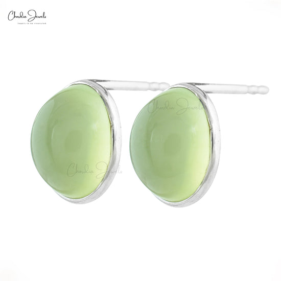 Genuine Prehnite Earrings 1.63 Carats Oval Cabochon Dainty Earrings 14k Solid White Gold Earrings For Wedding Gift