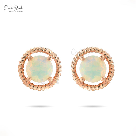 Genuine Ethiopian Opal Studs Earrings 0.74 Ct Brilliant Round Cut Gemstone Studs 14k Solid Rose Gold Minimalist Earrings For Her