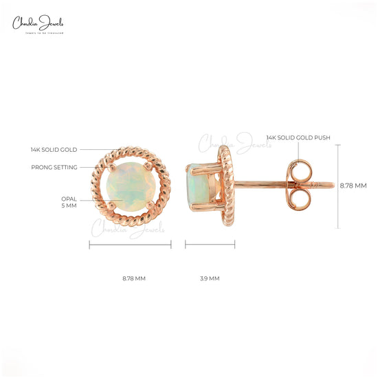 Genuine Ethiopian Opal Studs Earrings 0.74 Ct Brilliant Round Cut Gemstone Studs 14k Solid Rose Gold Minimalist Earrings For Her