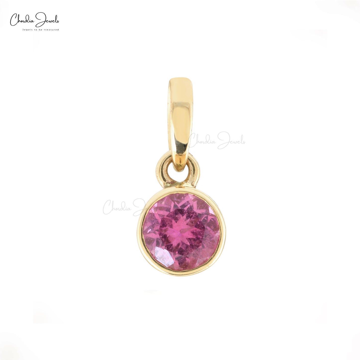 Round Cut Solitaire Charm With 5mm Pink Tourmaline 14k Solid Yellow Gold Hallmark Pendant