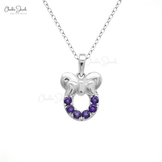 Solid 14k White Gold Natural 2mm Amethyst Mickey Mouse Kids Pendant For Gift