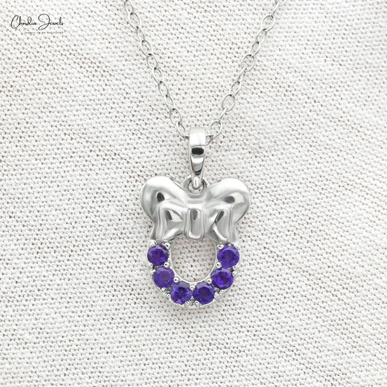 Solid 14k White Gold Natural 2mm Amethyst Mickey Mouse Kids Pendant For Gift