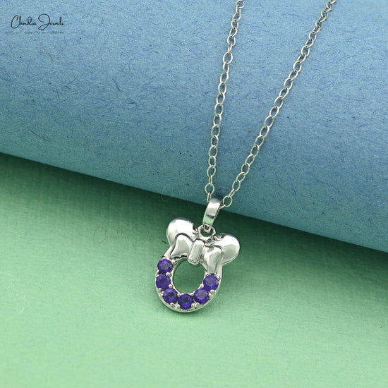 2mm Purple Amethyst Kids Pendant with Real 14k White Gold Mickey Head Jewelry