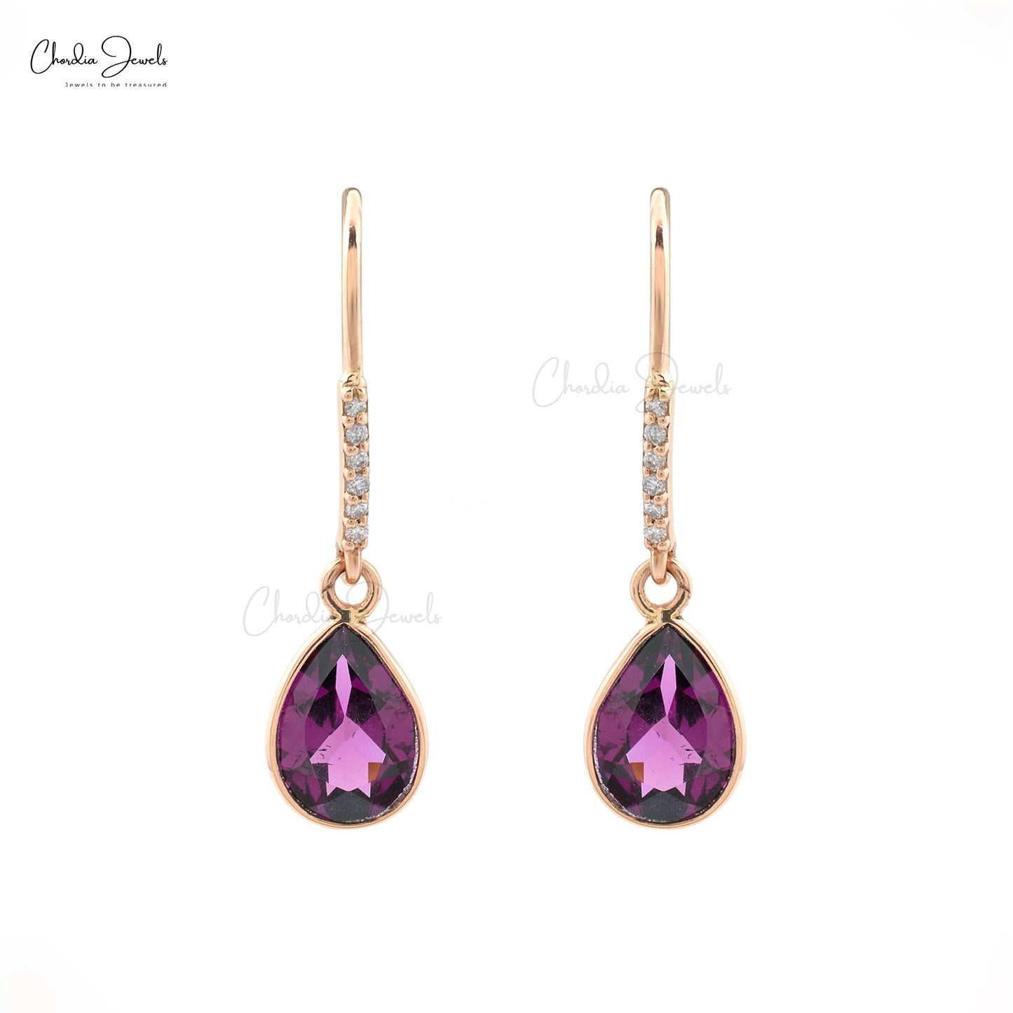 Genuine Rhodolite Garnet Dainty Earrings 1.16 Carats Pear Cut Gemstone Earrings 14k Solid Rose Gold White Diamond Dangle Earrings For Anniversary Gift