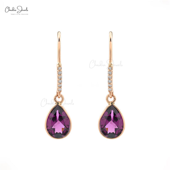 Genuine Rhodolite Garnet Dainty Earrings 1.16 Carats Pear Cut Gemstone Earrings 14k Solid Rose Gold White Diamond Dangle Earrings For Anniversary Gift