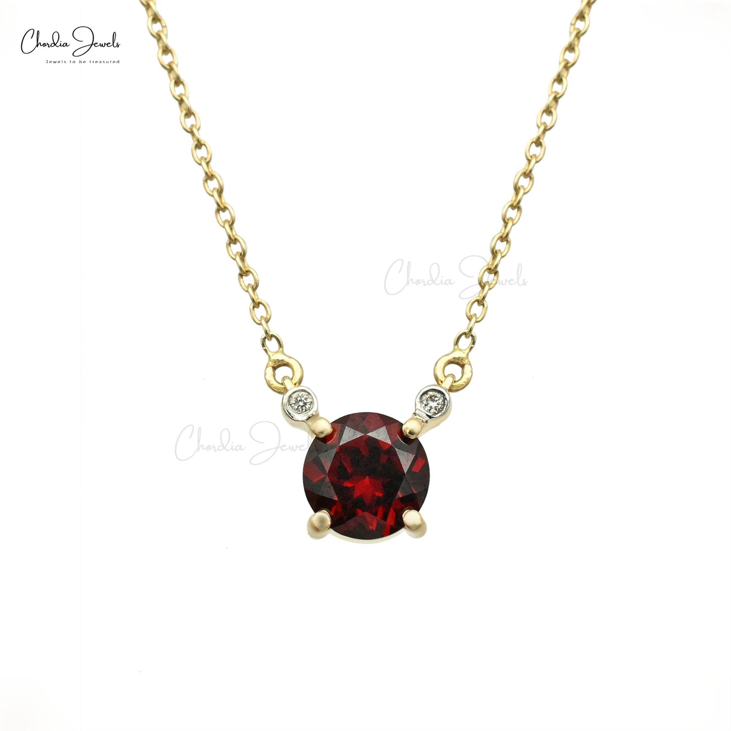 Real Red Garnet 1.1Ct Round Gemstone With Diamond Accents In 14k Yellow Gold Pendant