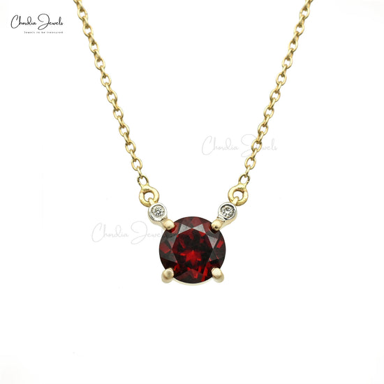 Real Red Garnet 1.1Ct Round Gemstone With Diamond Accents In 14k Yellow Gold Pendant