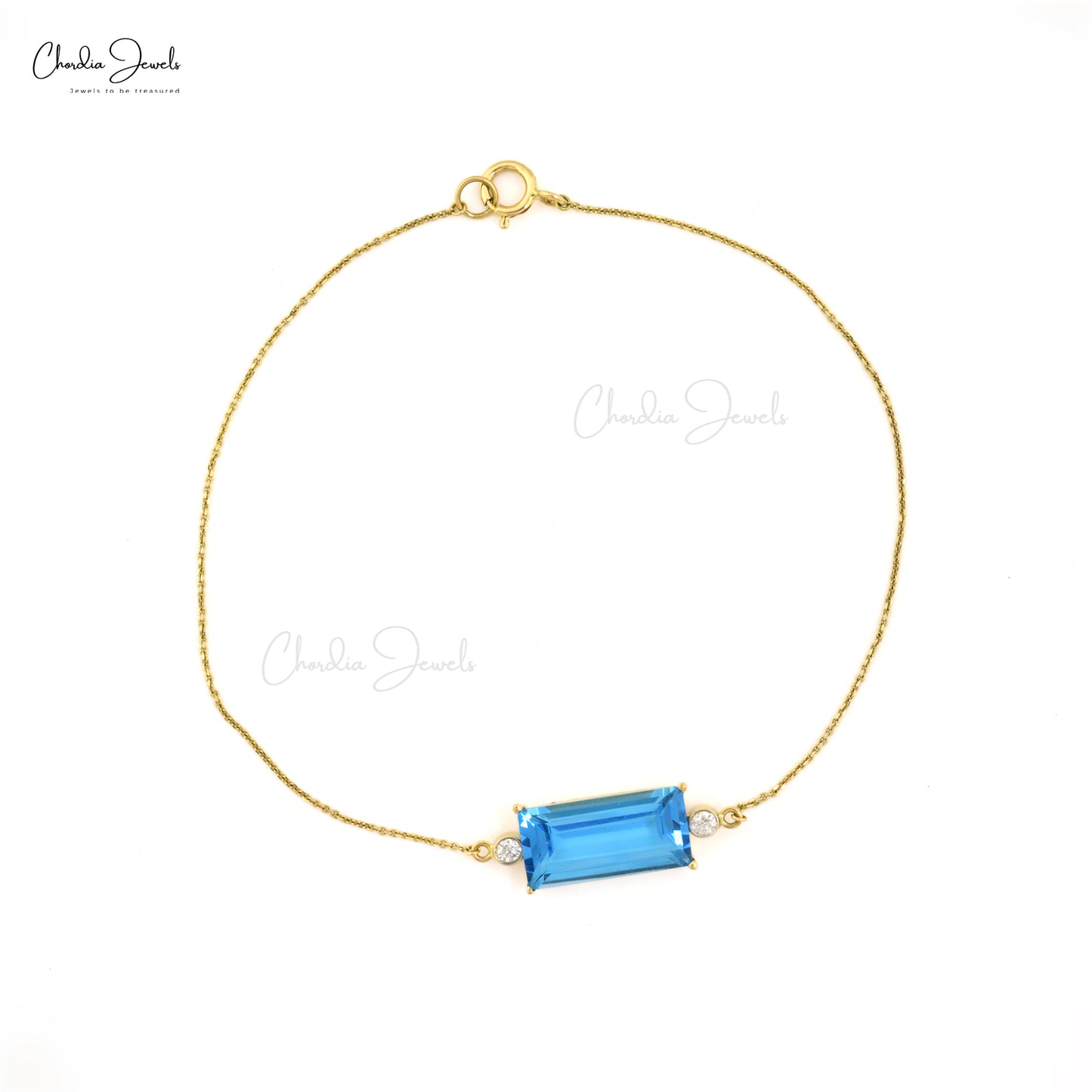 Three Stone Chain Bracelet in 14k Yellow Gold Swiss Blue Topaz Diamond Jewelry