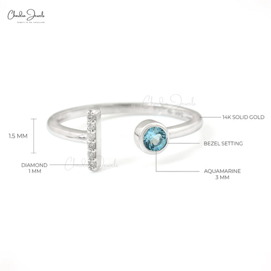 Genuine Aquamarine Ring 3mm Round Cut Gemstone Split Shank Ring Size US-5 14k Solid White Gold Diamond Ring For Engagement