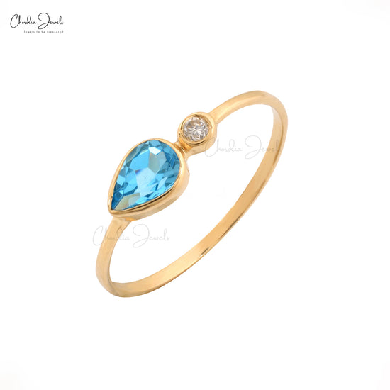 Dual Stone Wedding Rings With 6x4mm Swiss Blue Topaz And Diamond 14k Yellow Gold Ring